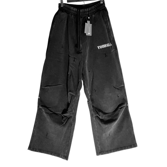 YoungLA 2018 Baggy Sweatpants Mens Large Black Wide Leg Dark Wash Drawstring - Picture 1 of 8